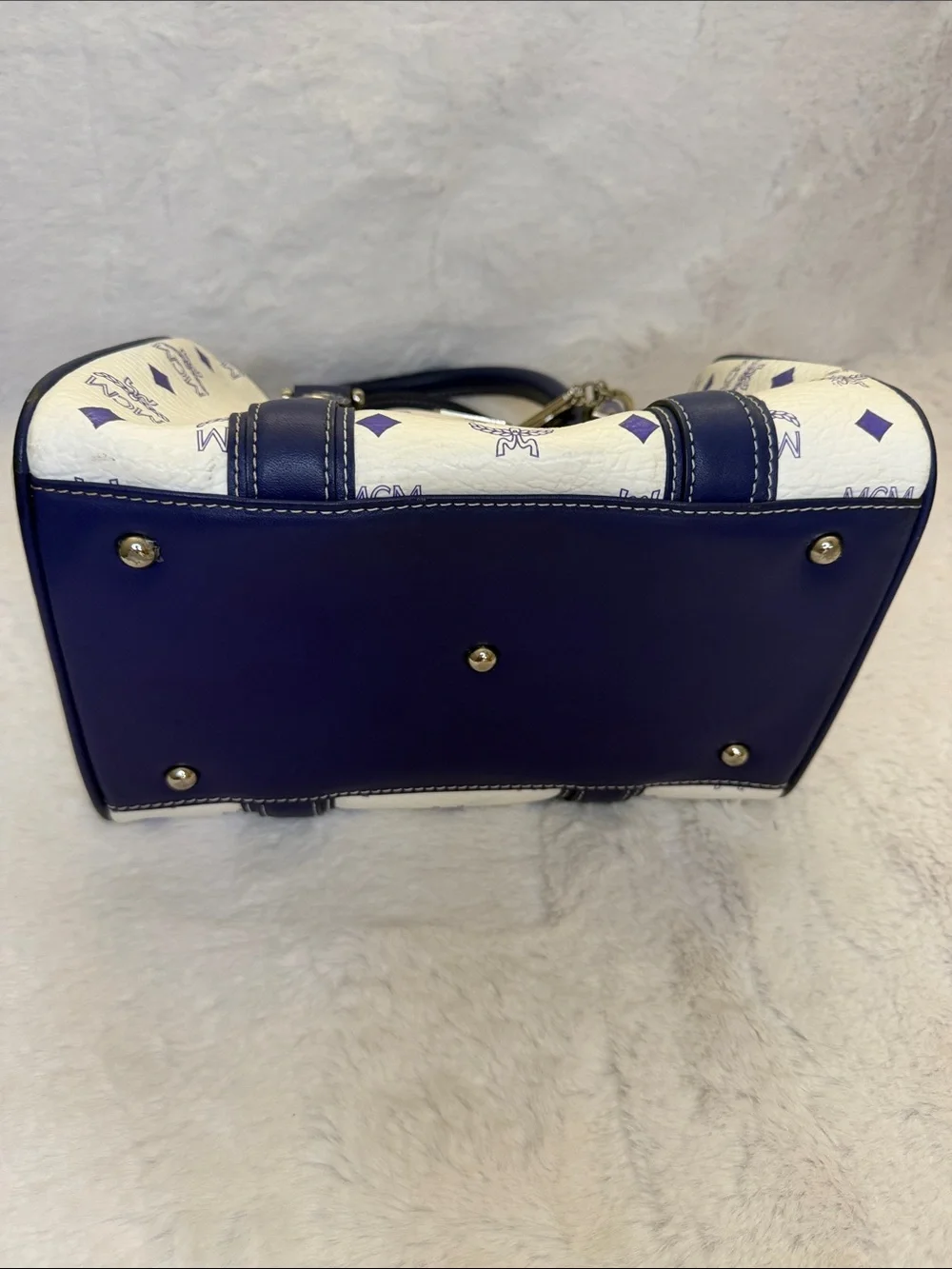 MCM White & Purple Visetos Boston Satchel with Silver Hardware